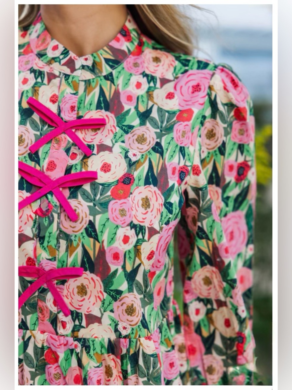 Shop The Mint Floral Bow Front Mini Dress Pink, Green, Yellow Small 3/4 Sleeves - Picture 11 of 13